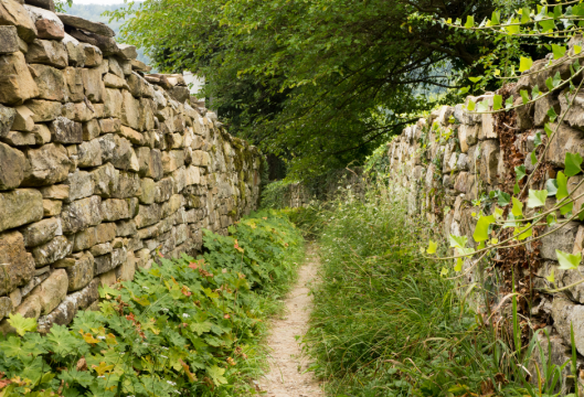 Small path carved outbetween two great stones walls.