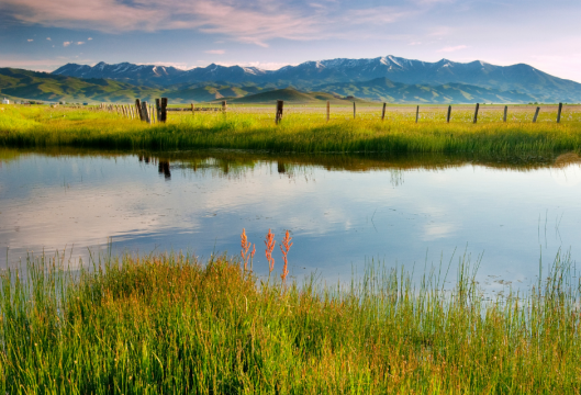 Calm prairie creek in the morning under colorful skies.